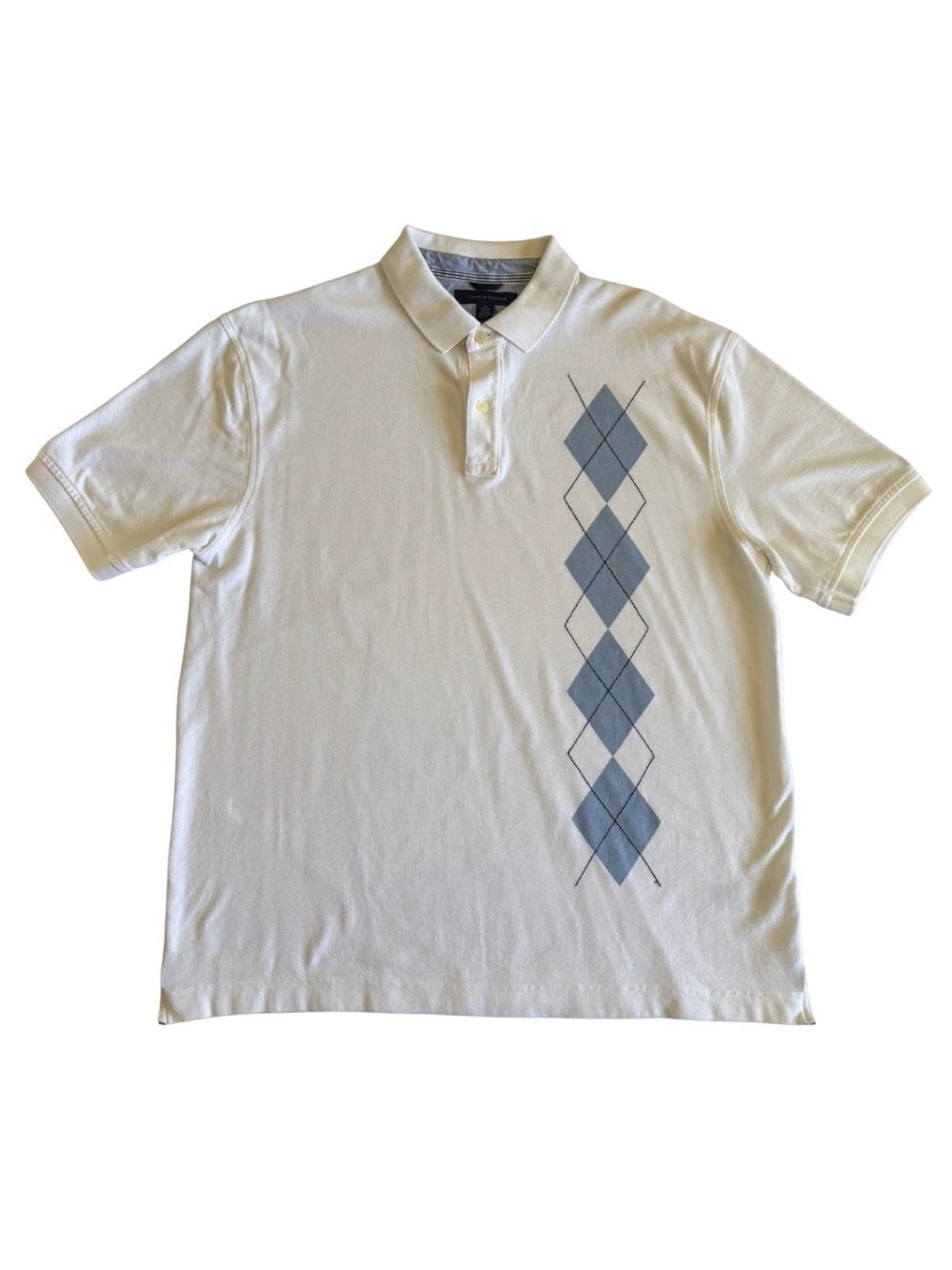 Tommy Hilfiger Mens XL Polo Shirt White Blue Argyle Pique Cotton Classic Fit